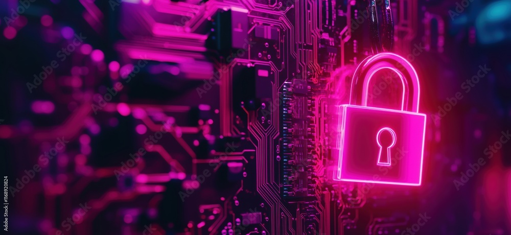 Digital security lock glowing on circuit board background, representing cybersecurity, data protection, and technology innovation, copy space for text Digital security lock glowing on circuit board background, representing cybersecurity, data protection, and technology innovation, copy space for text