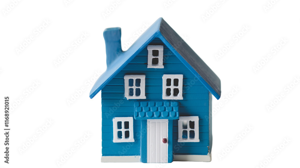 Charming Blue Miniature House on White Background Charming Blue Miniature House on White Background