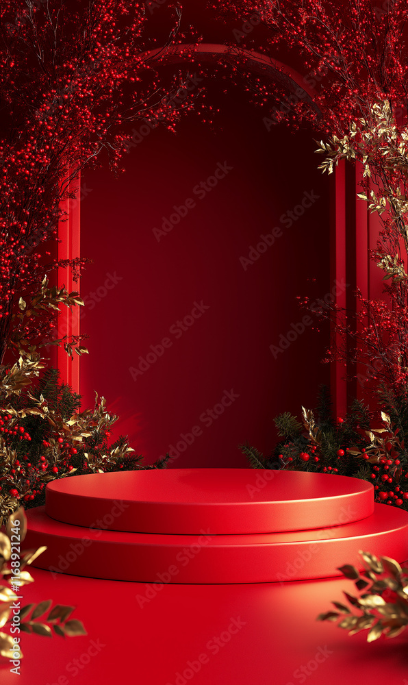Luxurious red podium with golden leaves on deep red background, creating an elegant romantic Valentine’s Day setting for celebrations, gifts, and love-themed designs. Luxurious red podium with golden leaves on deep red background, creating an elegant romantic Valentine’s Day setting for celebrations, gifts, and love-themed designs.