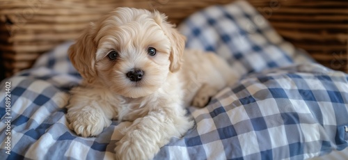 Adorable fluffy puppy resting on checkered blanket, showcasing soft fur and expressive eyes, perfect for pet lovers and animal photography enthusiasts, copy space for text photo