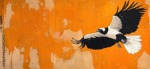 Majestic bird in flight against vibrant orange background showcasing artistic expression and nature's beauty, copy space for text photo