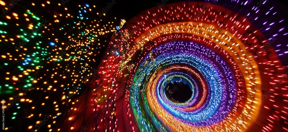 Colorful spiral of vibrant lights creating a mesmerizing tunnel effect, showcasing a dazzling array of colors and patterns, copy space for text Colorful spiral of vibrant lights creating a mesmerizing tunnel effect, showcasing a dazzling array of colors and patterns, copy space for text