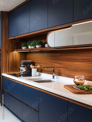 Modern Kitchen Design Featuring Blue Cabinets And Walnut Accents