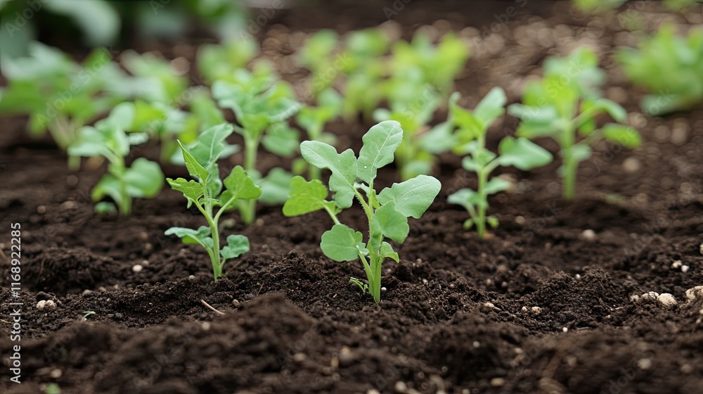 Young radish sprouts growing in garden soil. Young radish sprouts growing in garden soil.