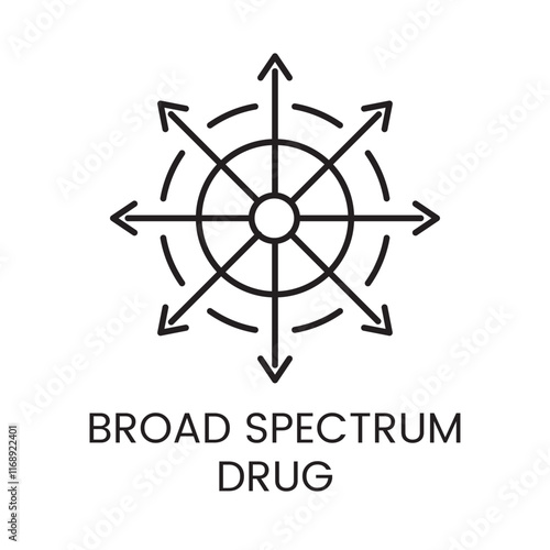 An icon of a central circle with multiple arrows symmetrically radiating in all directions in vector, representing comprehensive effects of a broad spectrum drug, with an editable stroke