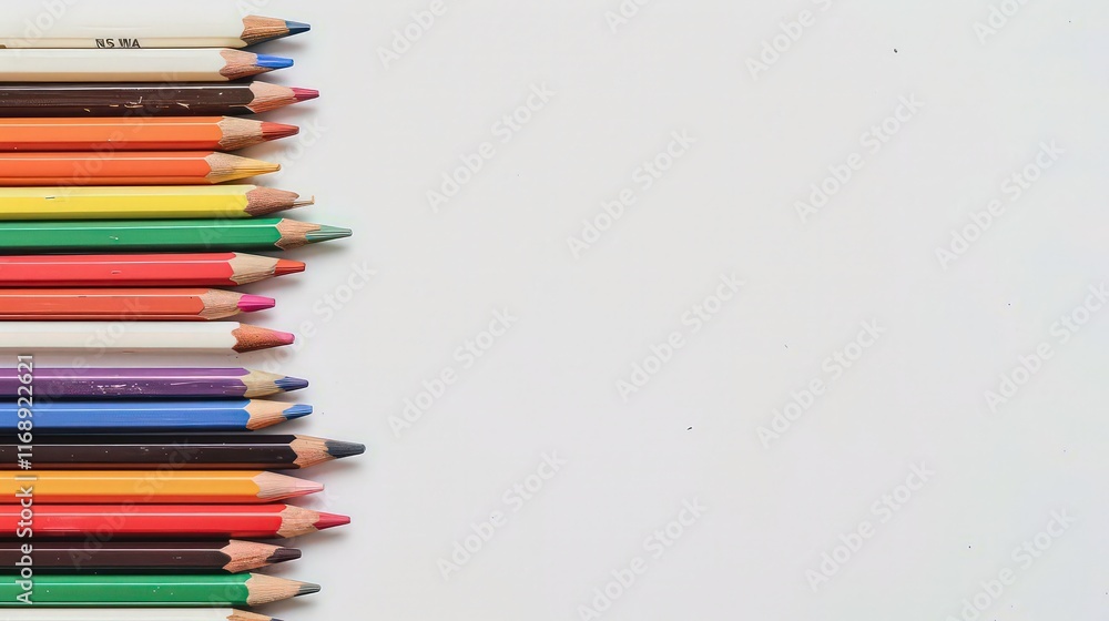 Close-up of colored pencils arranged in a row on a white background. Beautiful simple image, Close-up of colored pencils arranged in a row on a white background. Beautiful simple image,