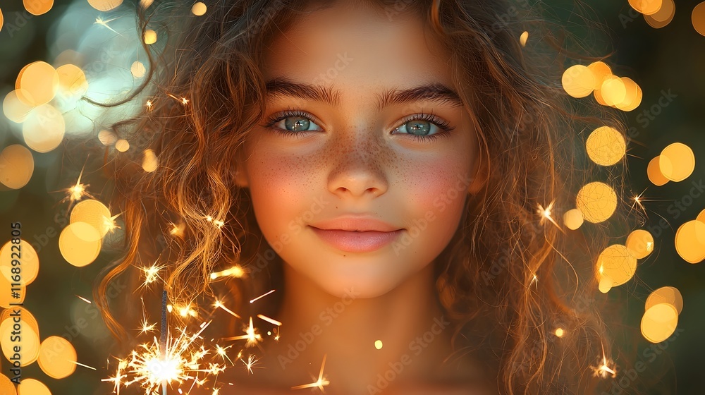 Fototapeta premium Captivating Portrait of a Girl Holding Sparklers at Twilight Radiant with Joy and Wonder