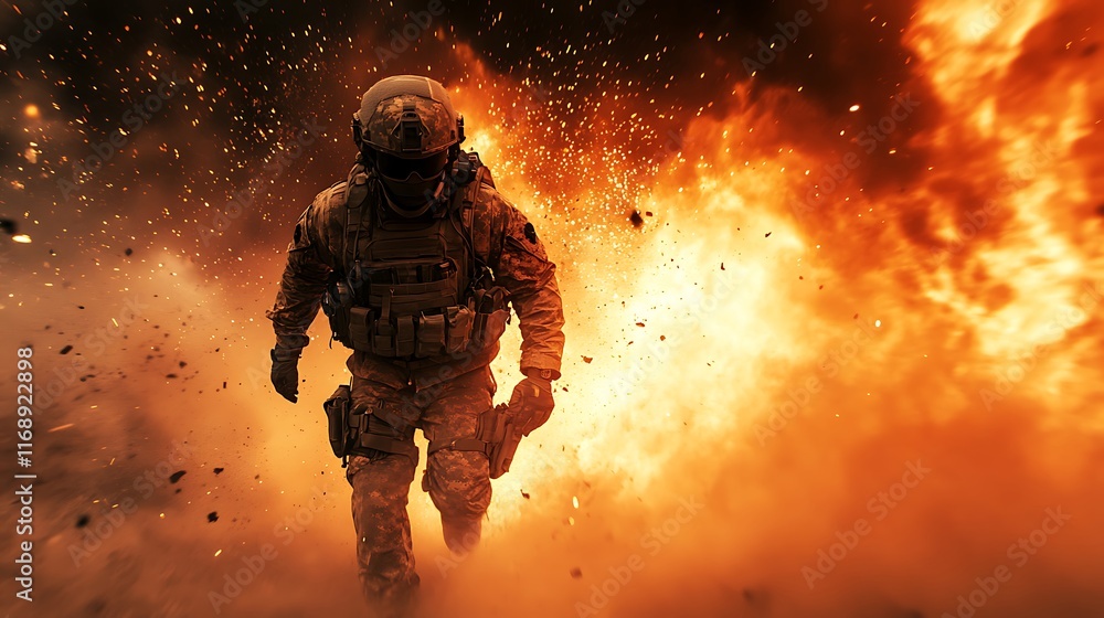 War Scene Soldier Breaking Flames Exploding Battlefield Photo War Scene Soldier Breaking Flames Exploding Battlefield Photo
