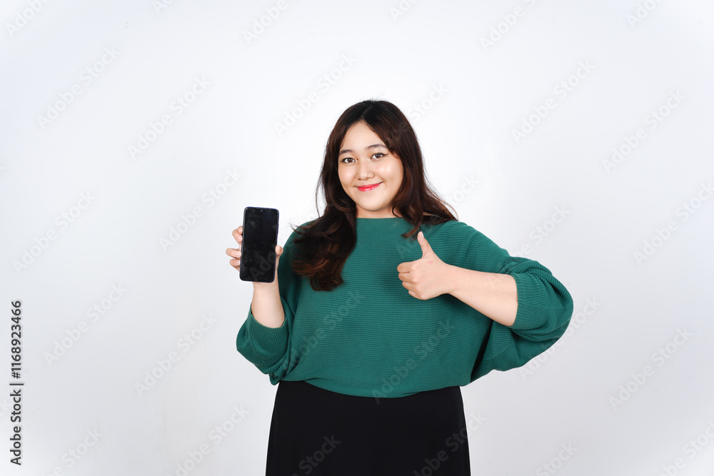 Smiling presenting and holding blank screen smartphone for ad or apps Of Beautiful Asian Woman wearing green Isolated On White Background Smiling presenting and holding blank screen smartphone for ad or apps Of Beautiful Asian Woman wearing green Isolated On White Background
