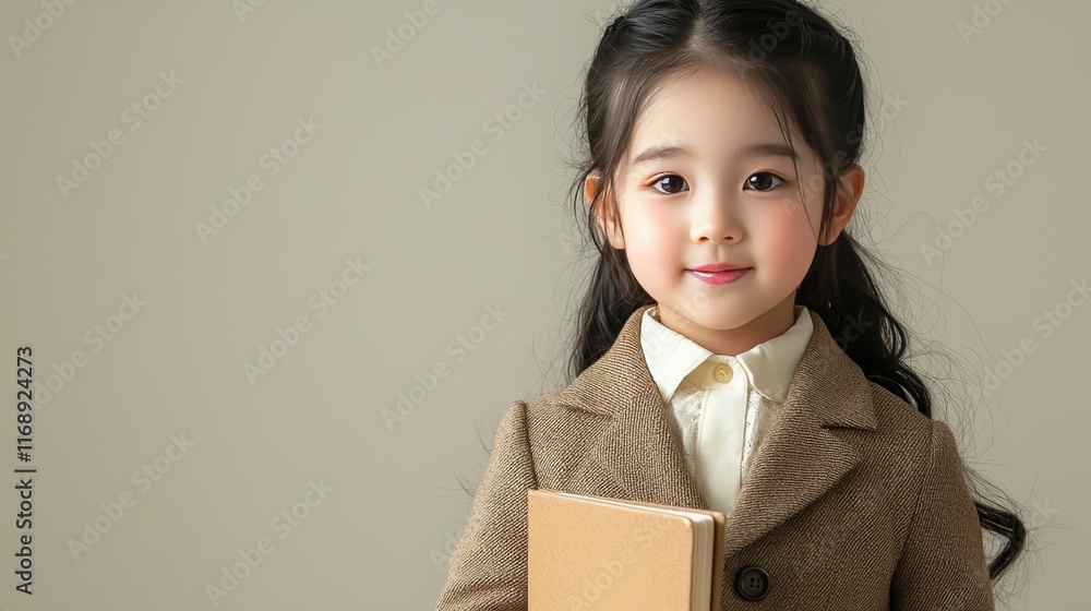 Cute Young Girl Holding Book in Stylish Brown Coat Smiling Charming Cute Young Girl Holding Book in Stylish Brown Coat Smiling Charming