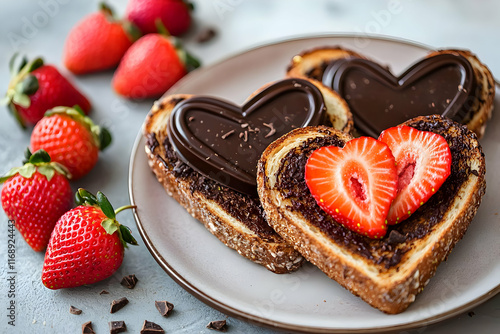 heart shaped chocolate cake with strawberries valentines day concept for valentine  photo