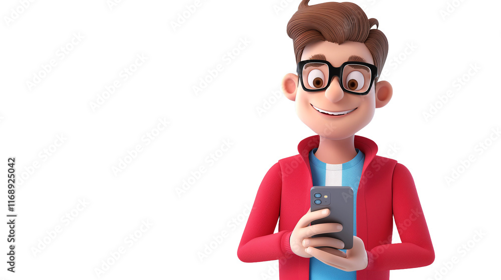 Cartoon Boy in Red Jacket Using a Smartphone Cartoon Boy in Red Jacket Using a Smartphone