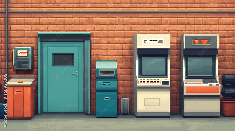 Retro arcade games, door, and vending machines against a brick wall. Retro arcade games, door, and vending machines against a brick wall.