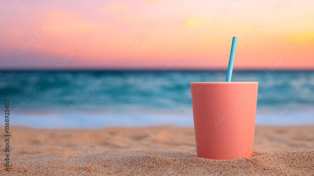 Pink drink cup with straw on sandy beach at sunset. Pink drink cup with straw on sandy beach at sunset.
