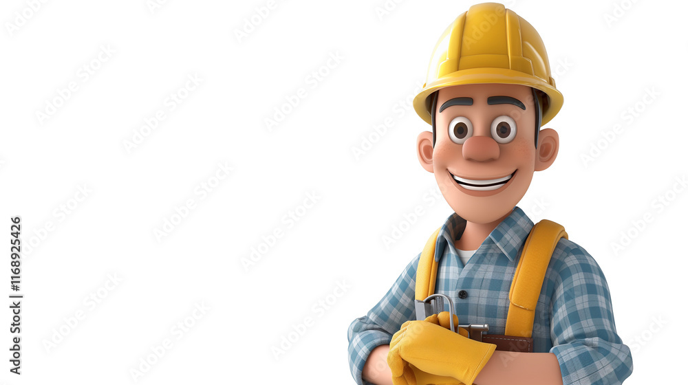 Friendly Cartoon Construction Worker Posing Against White Background Friendly Cartoon Construction Worker Posing Against White Background