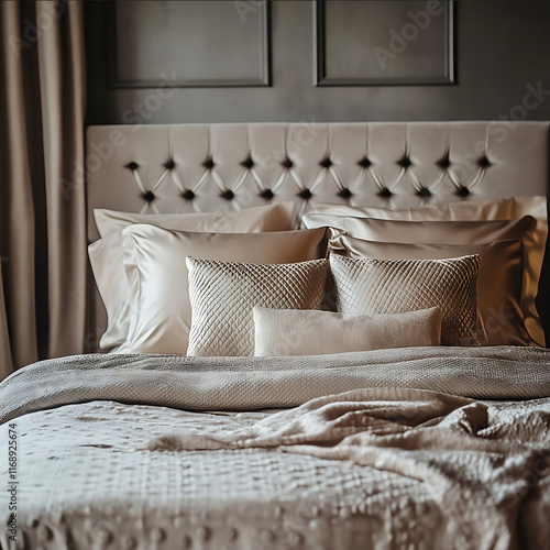 photography of a bed with silk bed linen you can see the whole bed completely front view diffuse spot lighting photo style bokeh style style of ultrafine detail high qua photo