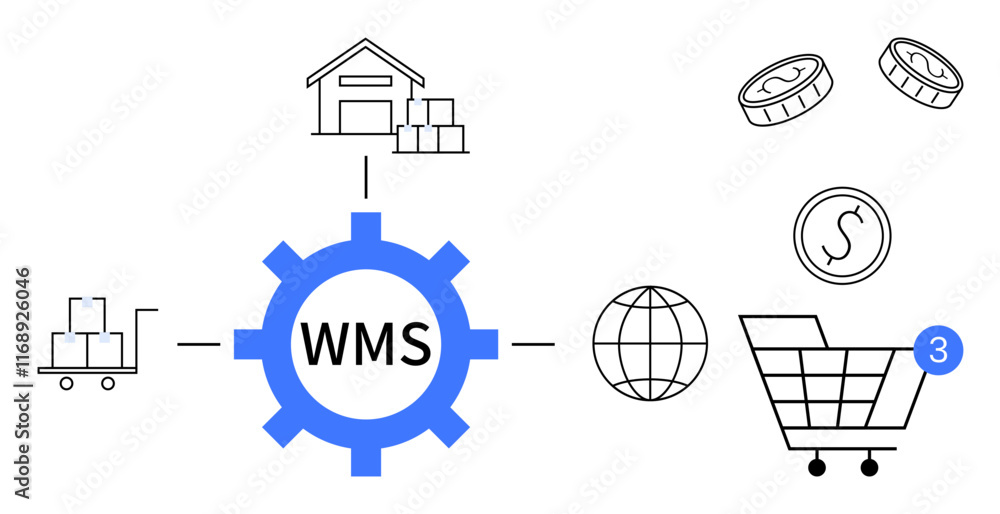 Obraz premium Central WMS icon with connections to warehouse, pallet, globe, shopping cart, and currency icons. Ideal for logistics, supply chain, inventory management, e-commerce global trade retail