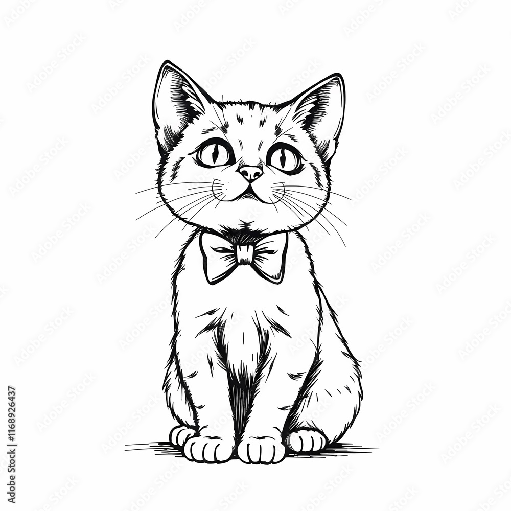 Dapper Kitten in Bowtie: A charming black and white illustration of a cute kitten wearing a bowtie, its eyes wide with playful curiosity. Dapper Kitten in Bowtie: A charming black and white illustration of a cute kitten wearing a bowtie, its eyes wide with playful curiosity.