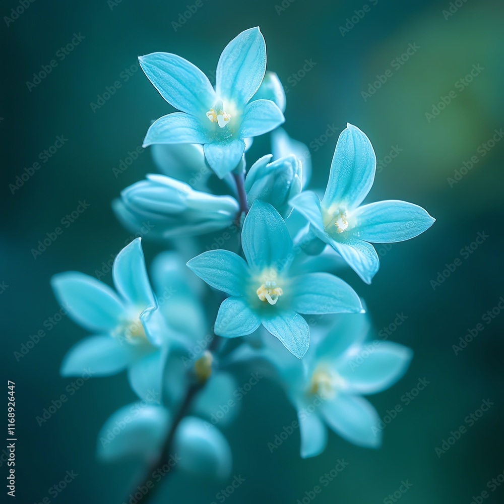 Delicate blue flowers with soft petals, creating a serene and tranquil atmosphere, set against a blurred green background. Delicate blue flowers with soft petals, creating a serene and tranquil atmosphere, set against a blurred green background.