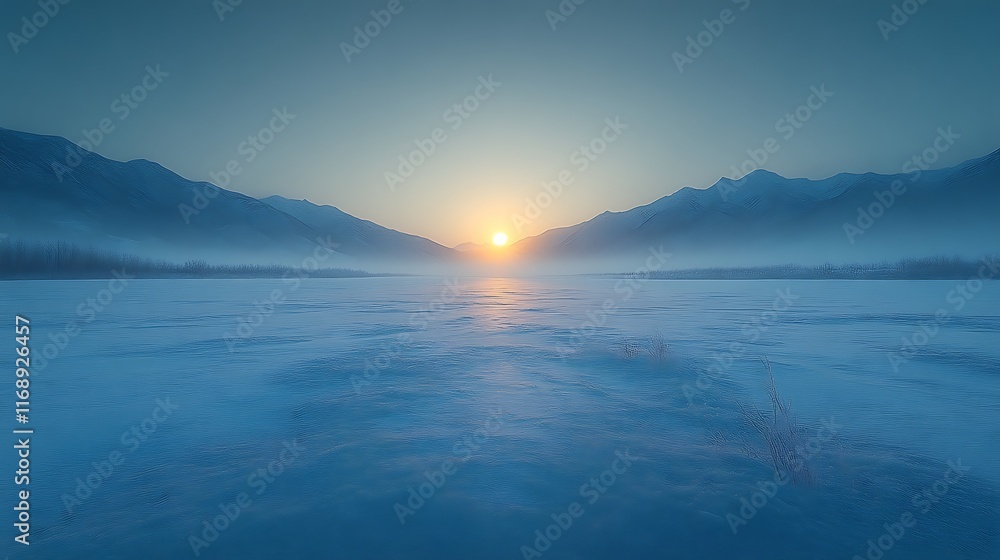 Misty sunrise over snow-covered river valley. Misty sunrise over snow-covered river valley.