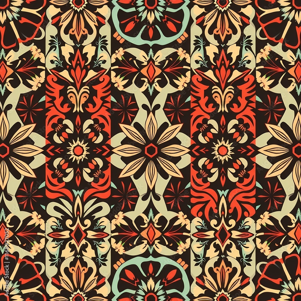 Vibrant Floral Patchwork Textile: A seamless pattern of intricate floral designs in warm, earthy tones. Perfect for fashion, home decor, and surface design projects. Vibrant Floral Patchwork Textile: A seamless pattern of intricate floral designs in warm, earthy tones. Perfect for fashion, home decor, and surface design projects.
