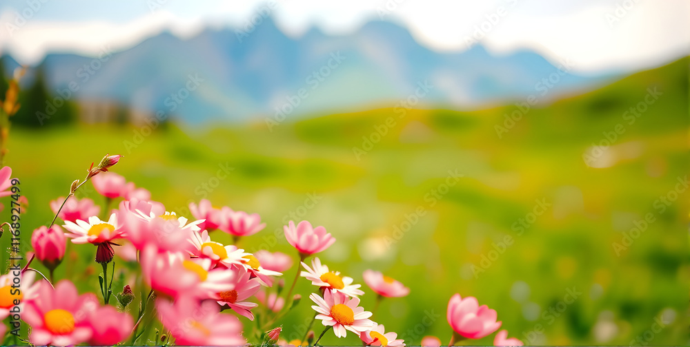 Obraz premium A flower meadow in mountains with the foreground sharp wildflower and a flower meadow behind that remains blurred.