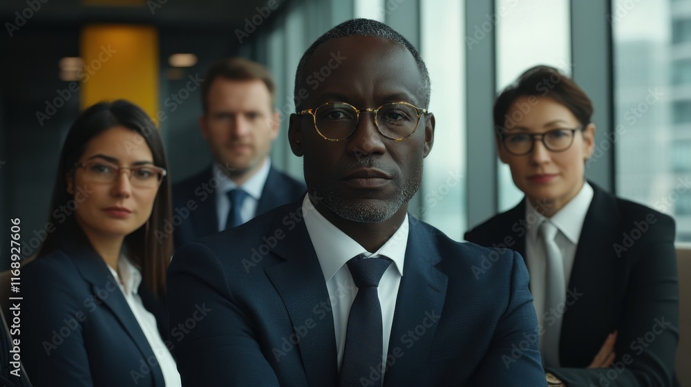 Confident business team portrait; diverse professionals in suits. Illustrates leadership, teamwork, and success in corporate settings. Confident business team portrait; diverse professionals in suits. Illustrates leadership, teamwork, and success in corporate settings.