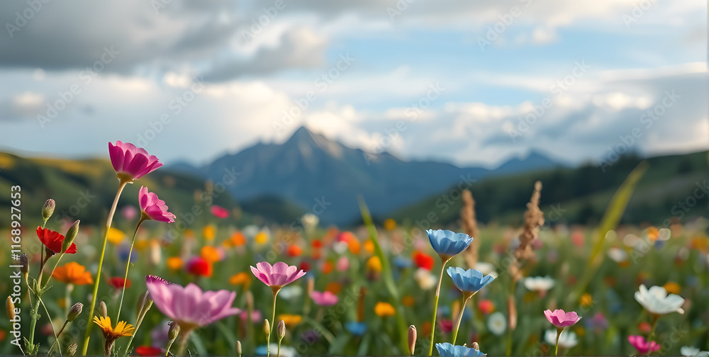 A flower meadow in mountains with the foreground sharp wildflower and a flower meadow behind that remains blurred. A flower meadow in mountains with the foreground sharp wildflower and a flower meadow behind that remains blurred.