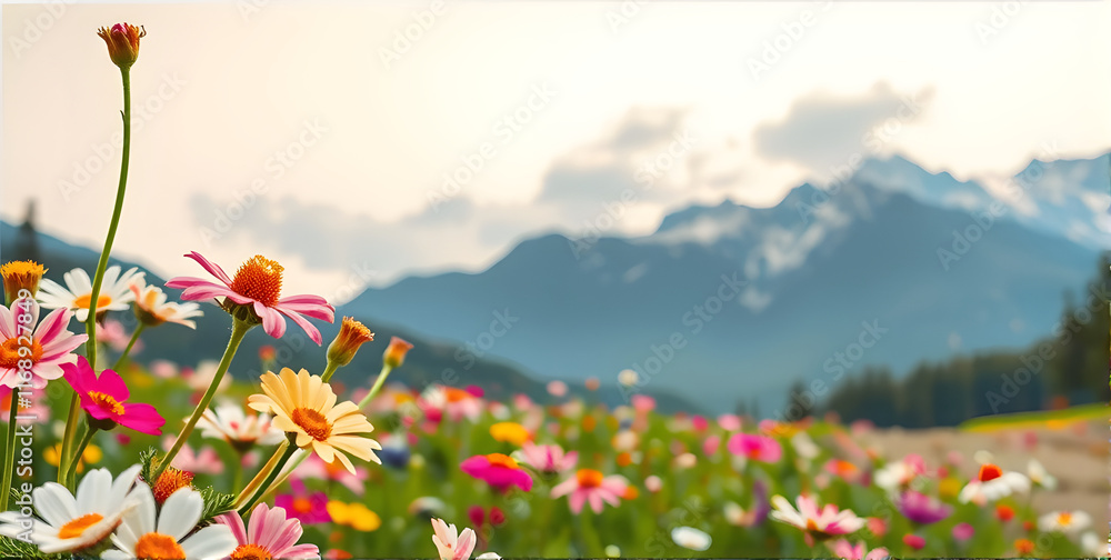 A flower meadow in mountains with the foreground sharp wildflower and a flower meadow behind that remains blurred. A flower meadow in mountains with the foreground sharp wildflower and a flower meadow behind that remains blurred.
