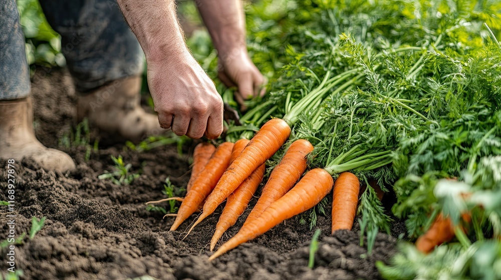 Farmer harvesting fresh carrots in a field. Farmer harvesting fresh carrots in a field.