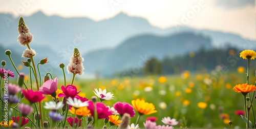 A flower meadow in mountains with the foreground sharp wildflower and a flower meadow behind that remains blurred. photo