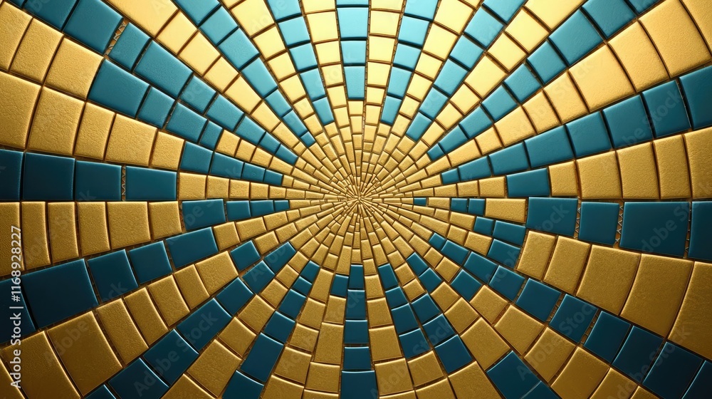 Naklejka premium Mosaic abstract background idea. A vibrant mosaic pattern featuring golden and turquoise colors in a radial design.