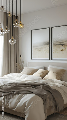 ultra realistic Photo interior designbedroom big bed above the bed there are many little paintings cozy atmosphere light colors ultra modern style scandinavian chandeli photo