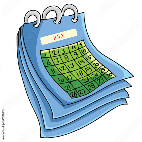 Cute cartoon hand drawn vector July calendar clipart.