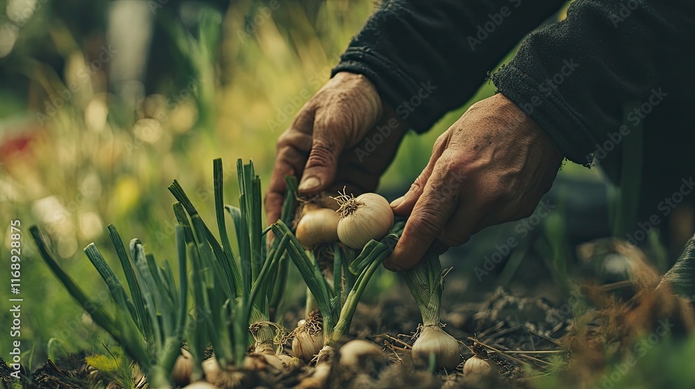 Fototapeta premium Farmer harvesting onions in garden, outdoor sunlight.