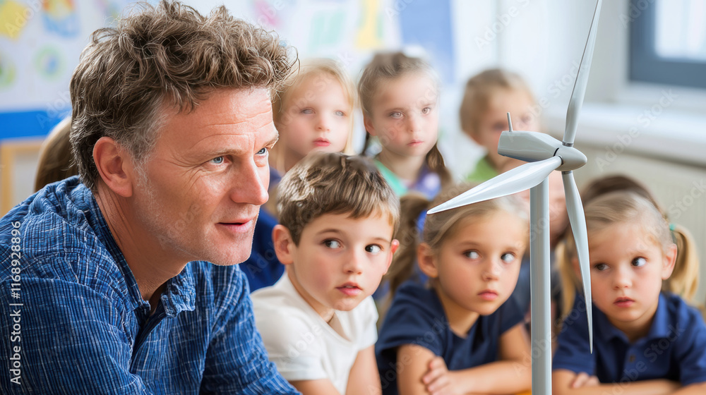 Scientist explaining wind energy to children in classroom setting, fostering curiosity and learning Scientist explaining wind energy to children in classroom setting, fostering curiosity and learning