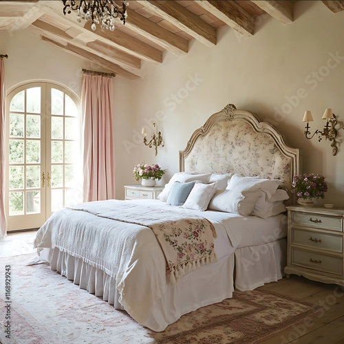 create A cozy French countrystyle romantic bedroom with a blend of rustic and elegant elements Soft muted pastel colors like pale pinks creams and light blues dominate photo