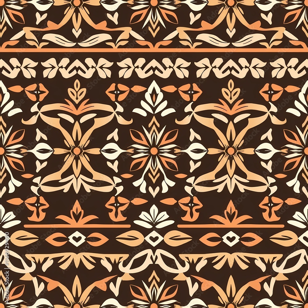 Intricate Floral Pattern: A captivating seamless pattern featuring intricate floral motifs in warm tones of brown, orange, and white. This design, perfect for textiles, wallpapers. Intricate Floral Pattern: A captivating seamless pattern featuring intricate floral motifs in warm tones of brown, orange, and white. This design, perfect for textiles, wallpapers.