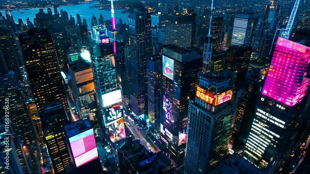 Aerial View of Times Square at Night: A Dazzling Display of Lights, Billboards, and Skyscrapers in New York City