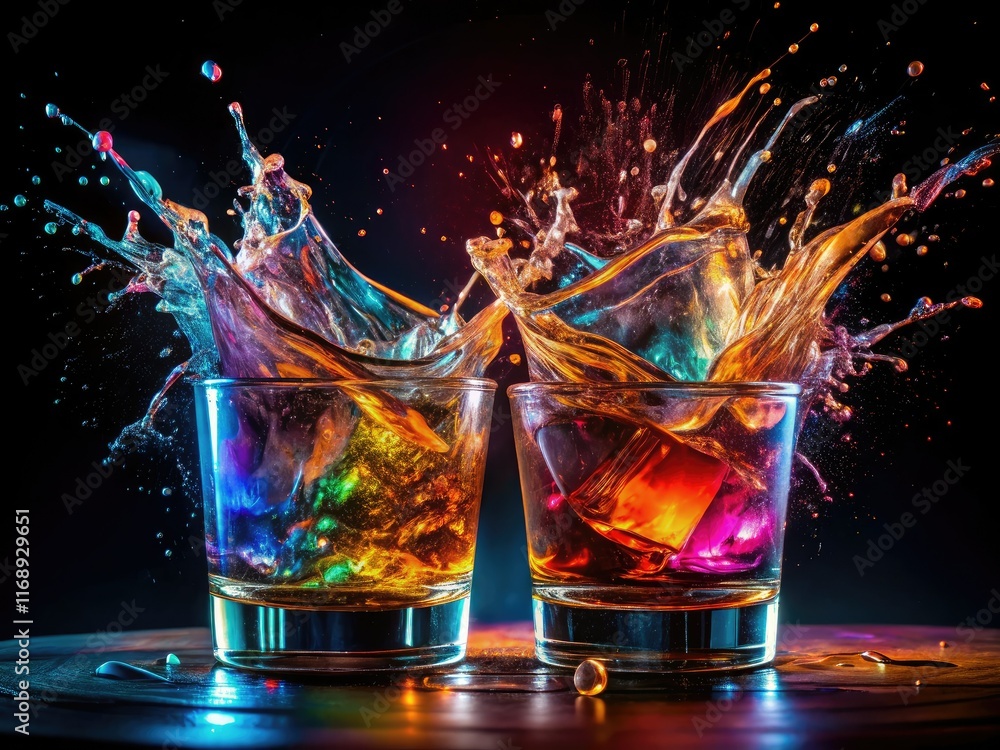 Glowing Liquid Splash Toast Rocks Glasses Long Exposure Glowing Liquid Splash Toast Rocks Glasses Long Exposure