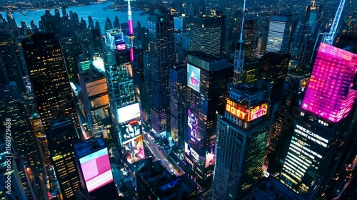 Aerial View of Times Square at Night: A Dazzling Display of Lights, Billboards, and Skyscrapers in New York City