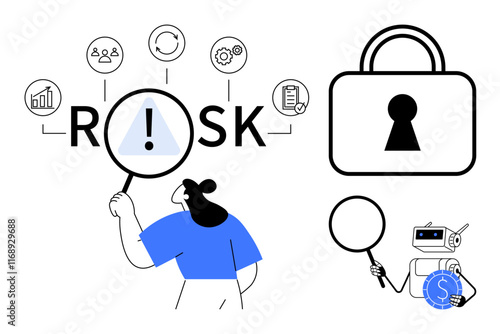 Person using a magnifying glass to examine risk factors thumbs up growth, people, process. Robot holding a coin and magnifying glass near a lock. Ideal for business analysis, cybersecurity, finance