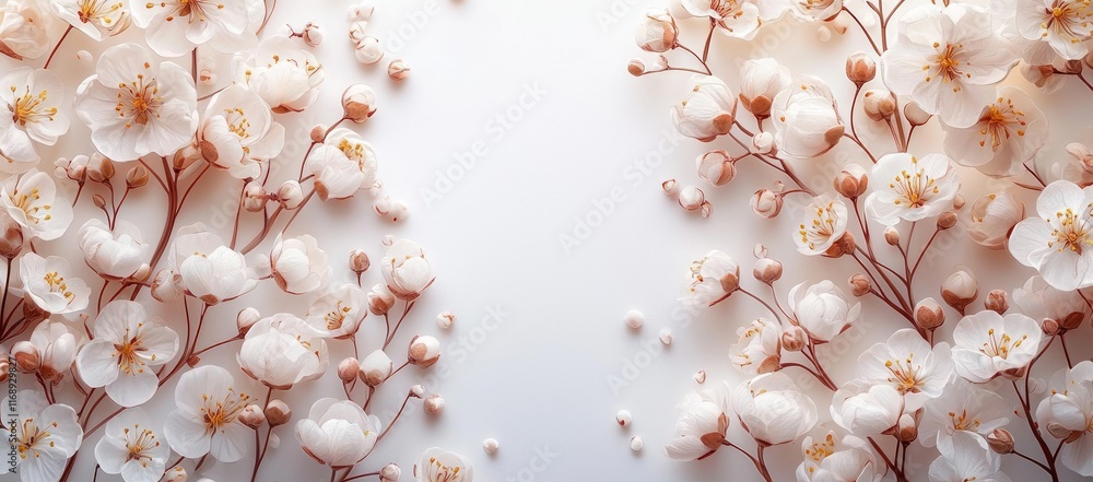 Delicate white blossoms frame a clean white background, creating a romantic, spring-like design. Delicate white blossoms frame a clean white background, creating a romantic, spring-like design.