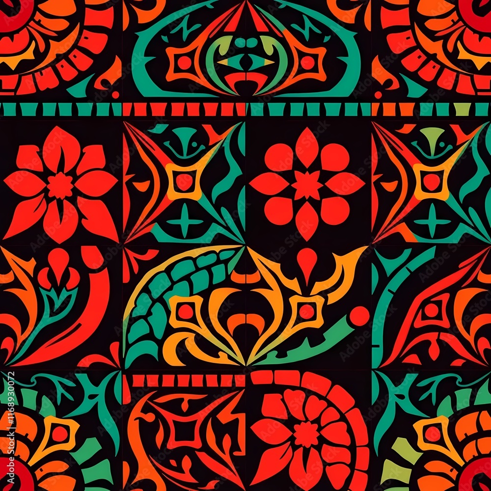 Vibrant Floral Aztec Pattern: A captivating seamless pattern featuring intricate floral designs and geometric motifs in bold, contrasting colors against a dark backdrop. Vibrant Floral Aztec Pattern: A captivating seamless pattern featuring intricate floral designs and geometric motifs in bold, contrasting colors against a dark backdrop.