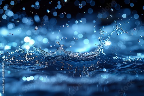 Close-up of water splashes and ripples in motion with bokeh light effects in the background. Macro shot of liquid dynamics. photo