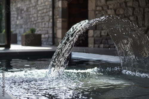 Stream of water arching into a pool with stone wall and blurred background. Natural outdoor fountain concept.