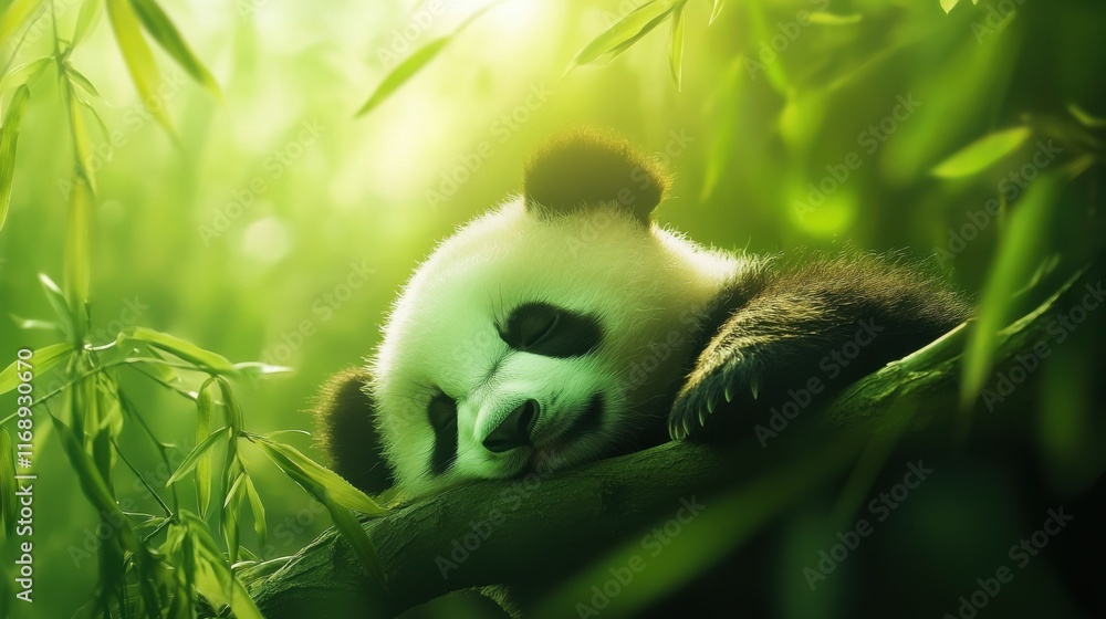 Gentle panda resting peacefully on a bamboo branch in a lush green forest during a warm afternoon Gentle panda resting peacefully on a bamboo branch in a lush green forest during a warm afternoon