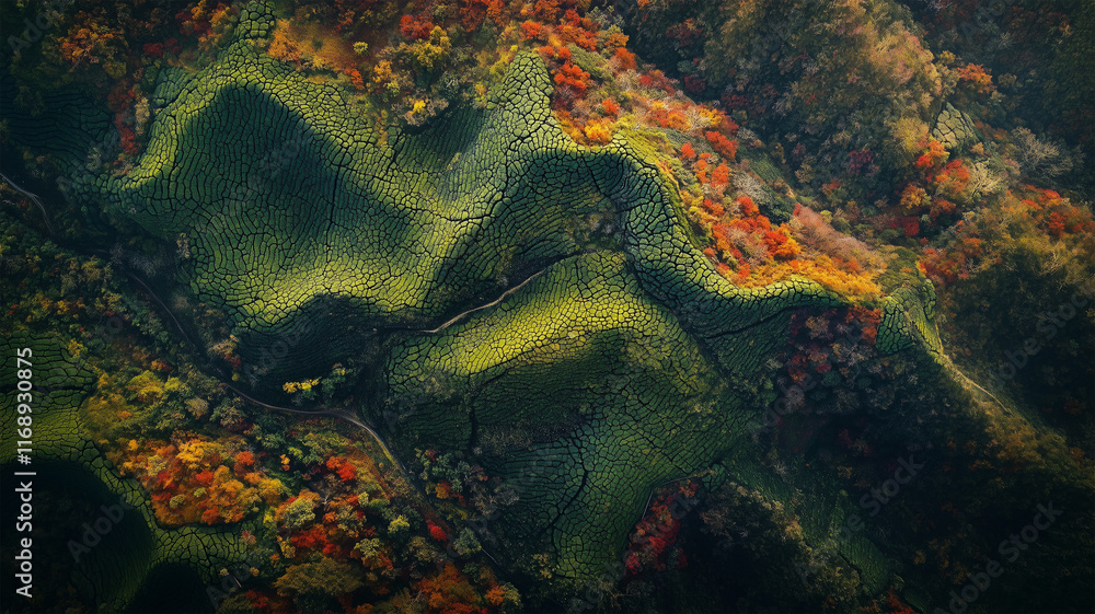 Fototapeta premium 紅葉の山々と緑豊かな茶畑が織りなす日本の秋景色、早朝の柔らかな光の空撮