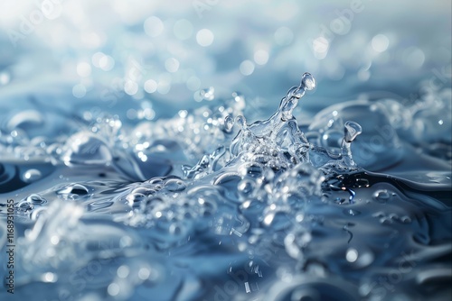 Close-up of water splashes and ripples in motion with bokeh light effects in the background. Macro shot of liquid dynamics. photo