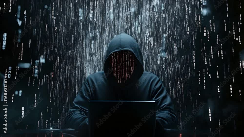 hacker wearing a dark blue hoodie and black face typing in front of ...